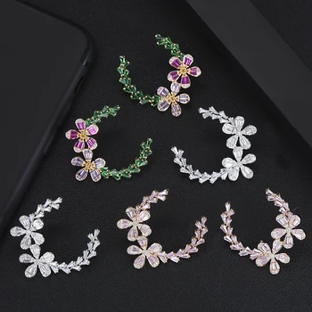 

GODKI NEW Trendy Luxury C Shape Flower Stud Earrings For Women Wedding Cubic Zircon CZ Bridal Earrings Bohemia Hot 2019