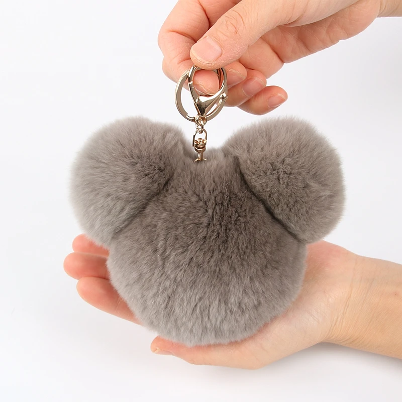 

Fluffy Pom Pom REX Rabbit Real Fur Panda Head Keychain Puff bag charm keyring Key chains Gold Hardware Heart Handbag Accessory