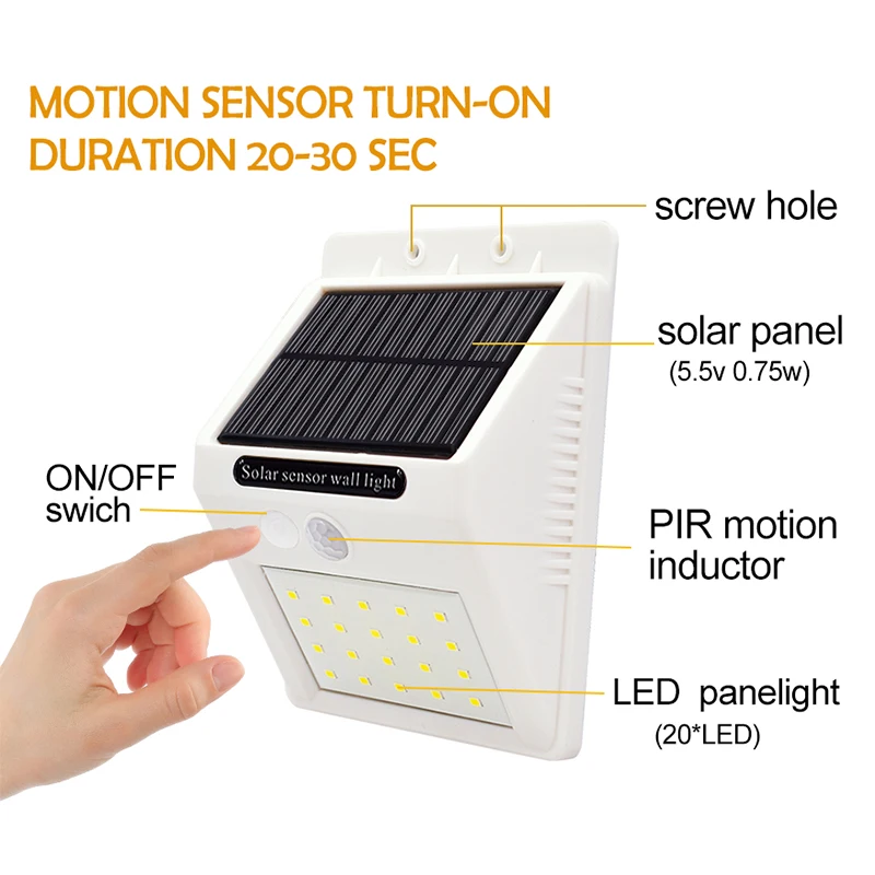 20 светодиодный настенный светильник на солнечных батареях, супер яркий водонепроницаемый светильник на солнечных батареях для наружного сада, двора с тремя режимами, светильник безопасности s