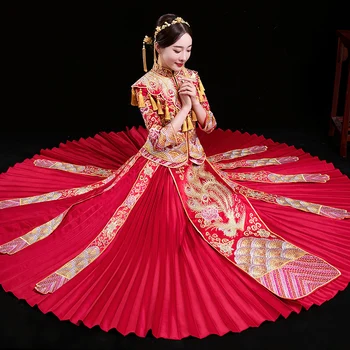 

Royal Marriage Dress Red Vintage Women Ancient Cheongsam Suit Rhinestone Embroidery Phoenix&Flower Bride Qipao Vestidos S-XL