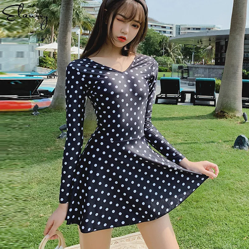 

2019 Sexy Women One Piece Swimsuit Modern Padded Long Sleeves Skirt Swimwear Sexy Skirted Bathing Suits Beachwear Hot Sale