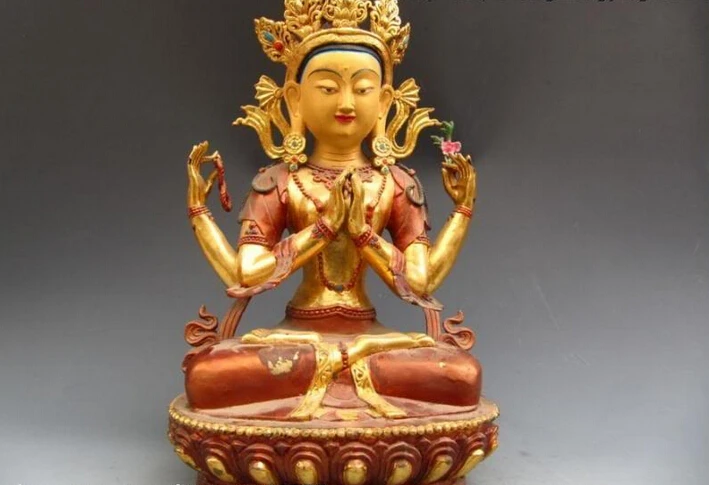 

Collectible bronze lion statue S0504 19 Tibet Bronze Copper Gild painted Four-armed Avalokitesvara Kwan Yin GuanYin B0403
