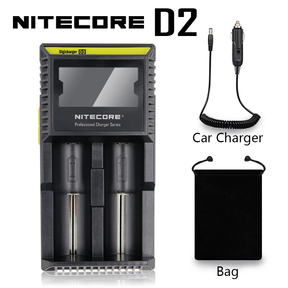 Nitecore D4 D2 I4 I2 ЖК-дисплей интеллигентая(ый) Зарядное устройство Li-Ion 18650 14500 16340 26650 AAA AA 12V Батарея Зарядное устройство автомобиля ЕС - Цвет: D2 With Car Bag