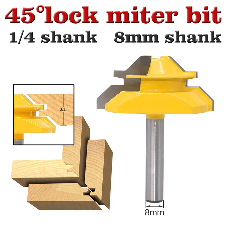 Medium Lock 45 Degree Miter Router Bit With 3/4" Stock And 1/4"8mm Shank Milling Cutter