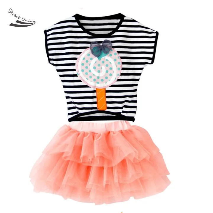 2016 New Baby Girls Clothing Set Kids lollipop Stripe Batwing Cotton T-shirt Mesh Tutu Skirts Suit 4 Colors 2-9 years | Детская одежда