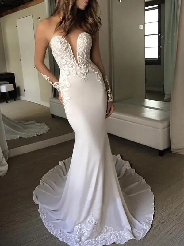 

Vestidos De Novia 2019 Charming Illusion Long Sleeve Lace Mermaid Wedding Dresses Vintage Sexy Backless Bride Dress