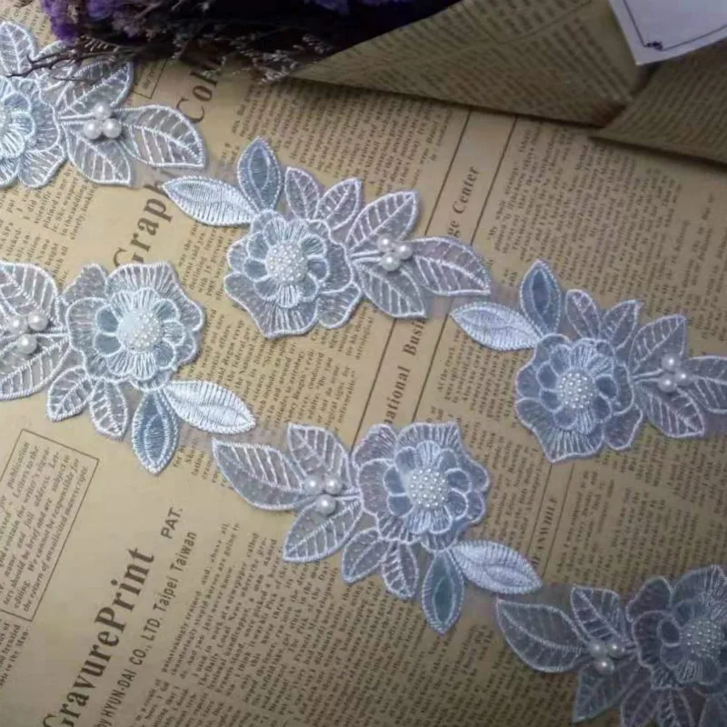 

2 yards Light Blue Pearl Flower Leaf Handmade Beaded Embroidered Lace Edge Trim Ribbon Applique Wedding Dress Sewing Craft DIY