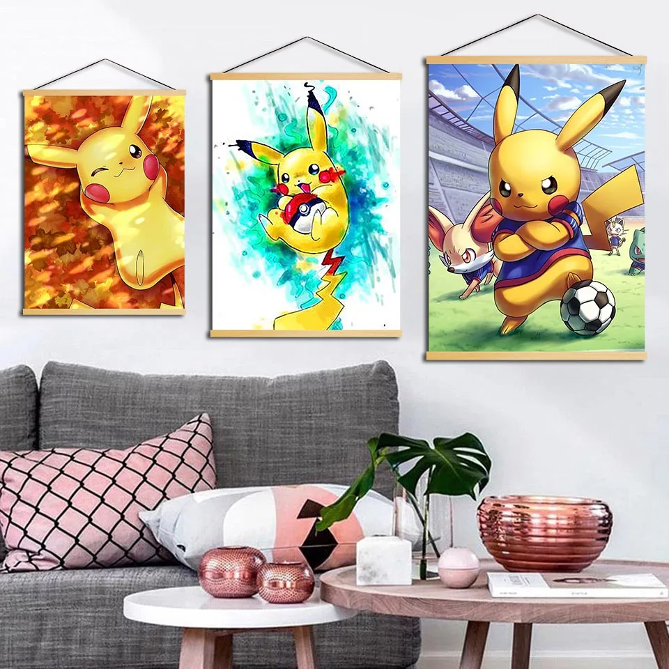 

Home Decoration Canvas Picture Print Pokemon Wooden Scroll Hanging Painting Jiapan Animation For Kids Bedroom Wall Art Poster