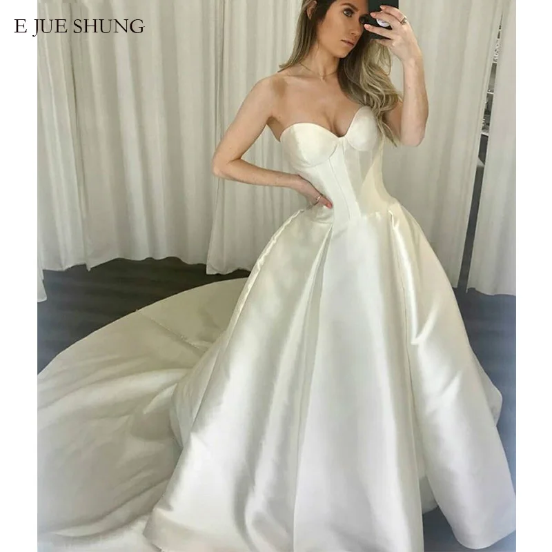 

E JUE SHUNG White Taffeta Simple Wedding Dresses Lace Up Back Sweetheart Bride Dresses wedding gowns robe de mariee