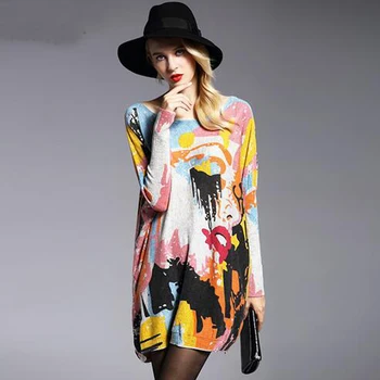 

2017 Autume Oversized Sweater Fashion Batwing Sleeve Baggy Abstract Face Printed Women's Pullovers Computer Knitted Sweater