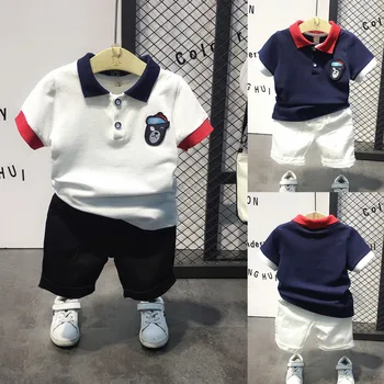 

2pcs summer boys fashion clothing set kids turn down collar polo and short set baby casual clothes children 2-7 years