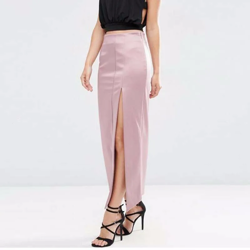 2017 Alta Estilo Por Straight Señora De Rosado Maxi Encargo Split Zipper Calidad Tobillo Sexy Falda Lado Satén rwrI7Sqv