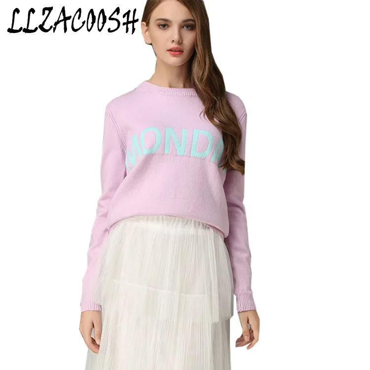 2018 women sweaters and pullovers week letters pattern sweater knitting round neck jumper knitwear | Женская одежда