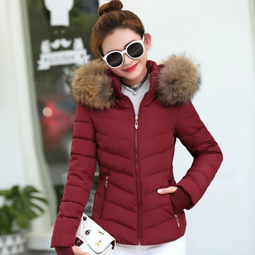 Женская теплая зимняя куртка модное женское пуховое хлопковое пальто с капюшоном и меховым воротником однотонное приталенное Женское пальто большого размера - Цвет: Бургундия