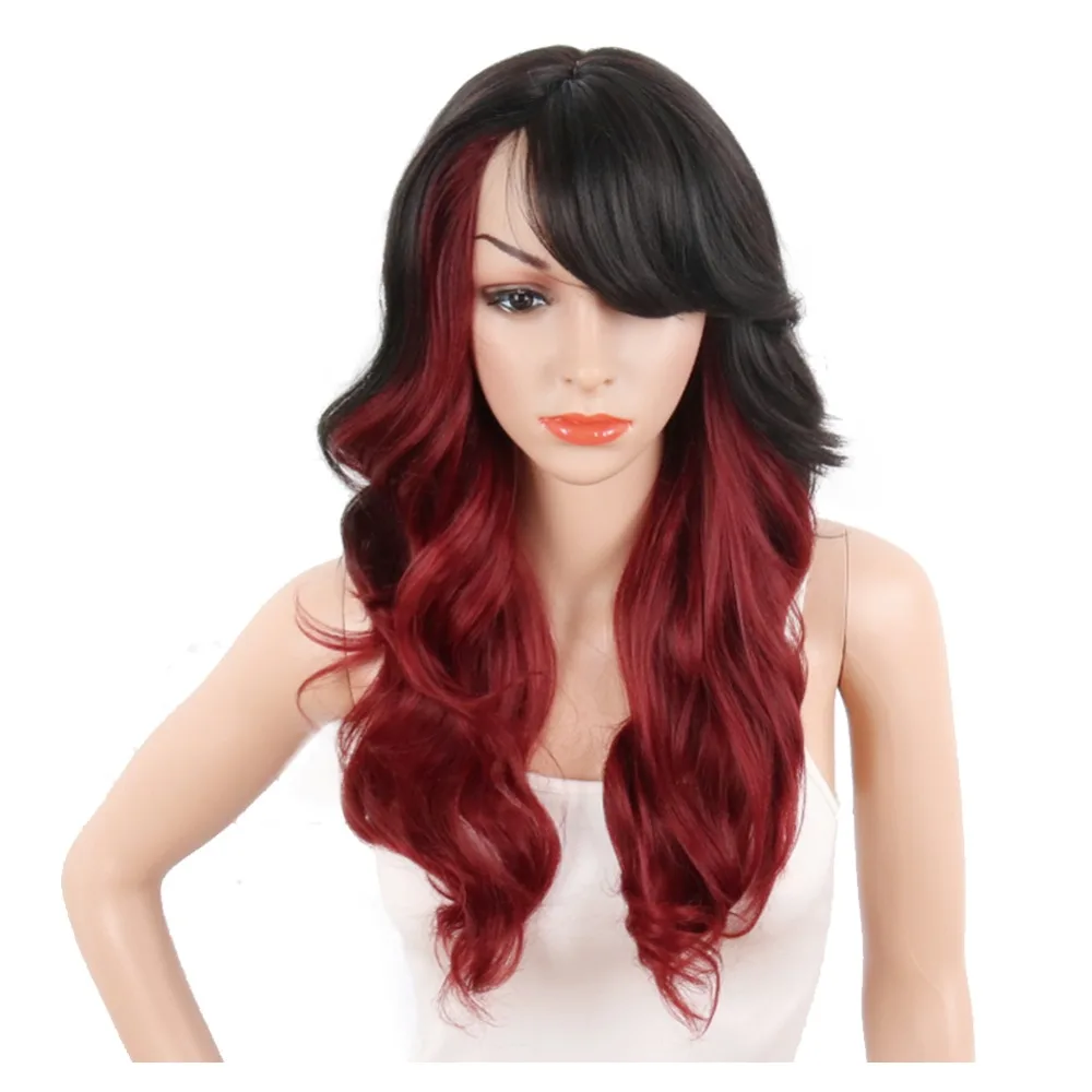 

Deyngs Ombre Red/Blonde Synthetic Wigs For Black Women Long Body Wave Wigs With Bangs Hair High Temperature Narural Cosplay Wig