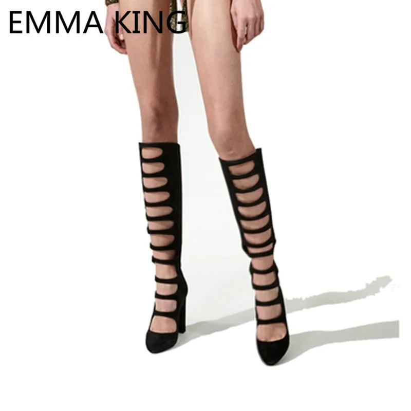 

New Fashion Black Suede Women Knee High Gladiator Sandals Boots Pointed Toe Cutout High Heels Shoes Woman Summer Knight Boots