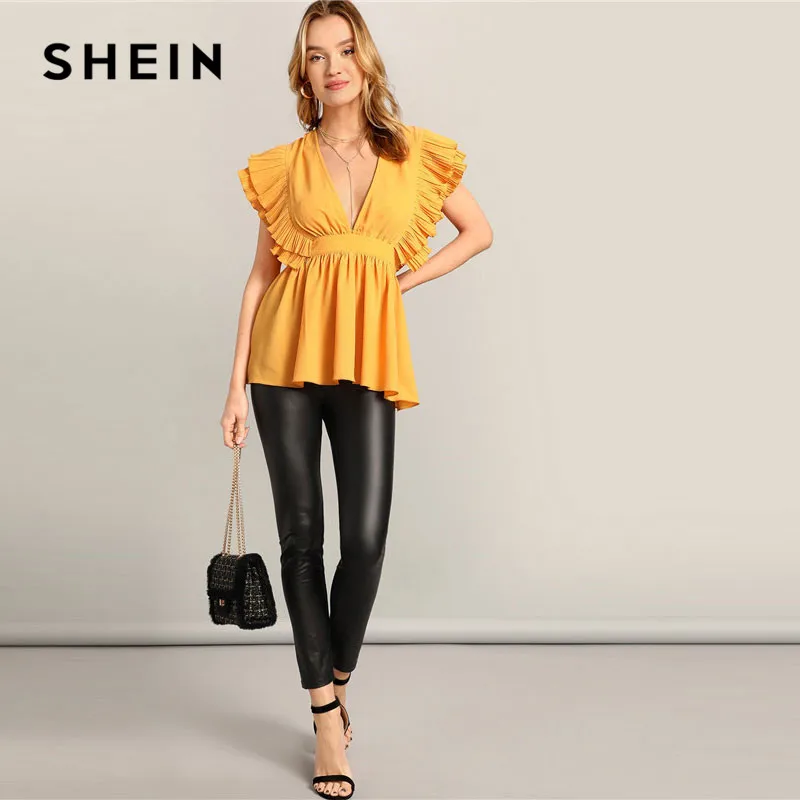 SHEIN Блузка С Глубоким V-Образным Вырезом И Оборкой Женская Летняя Желтая Сексуальная Блузка Без Рукавов