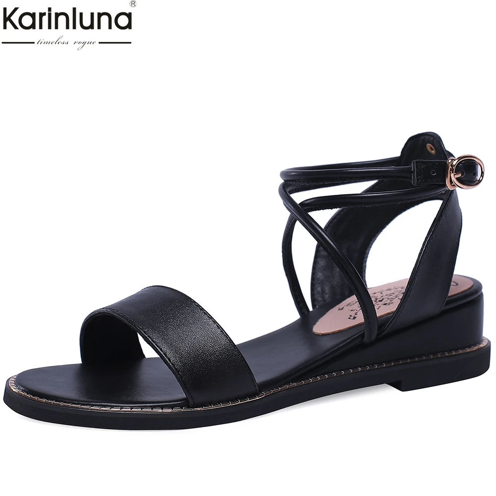 

Karinluna New Fashion big Size 31-43 Cow Leather Hot Sale Summer Sandals Woman Shoes Open Toe Low Heels Shoes Woman Sandal