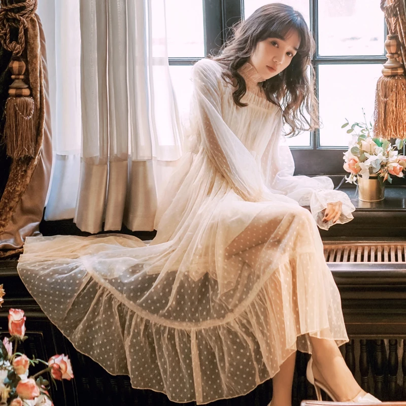 

2019 new fashion women's dresses Spring Vintage Lace French Dress