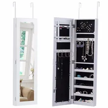 Goplus Door Mounted Mirrored Jewelry Cabinet Armoire Storage Organizer Modern White Make Up Mirrors Necklace Storage Box HW54410