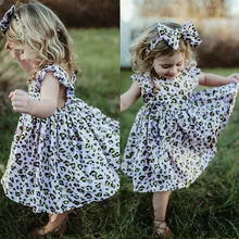 Лето Малыш Детское платье Leopard оборками платье с открытой спиной Платья для праздников лента для волос для девочки Костюмы