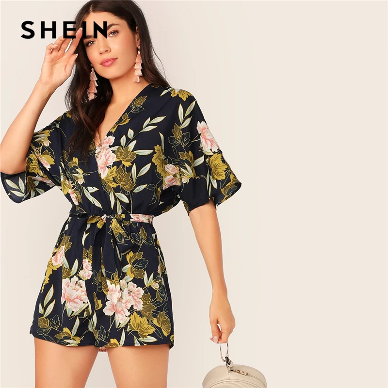 

SHEIN Floral Print Self Belted Wrap Playsuit Summer V Neck Bohemian Romper Women Half Sleeve Rompers Womens Jumpsuit Playsuits