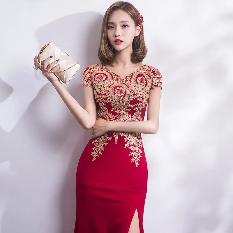 Женское элегантное вечернее платье vestidos de fiesta de noche, модное длинное красное вечернее платье с кружевной аппликацией, вечерние платья ES1389