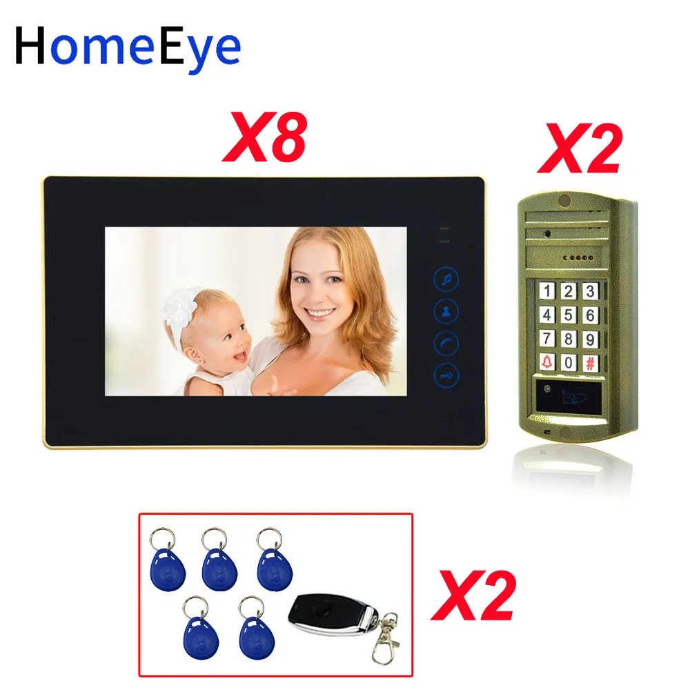 Password+ID Card+ Remote Unlock 7'' Video Door Phone Video Intercom Door Bell Home Access Control System for 2 Doors Waterproof