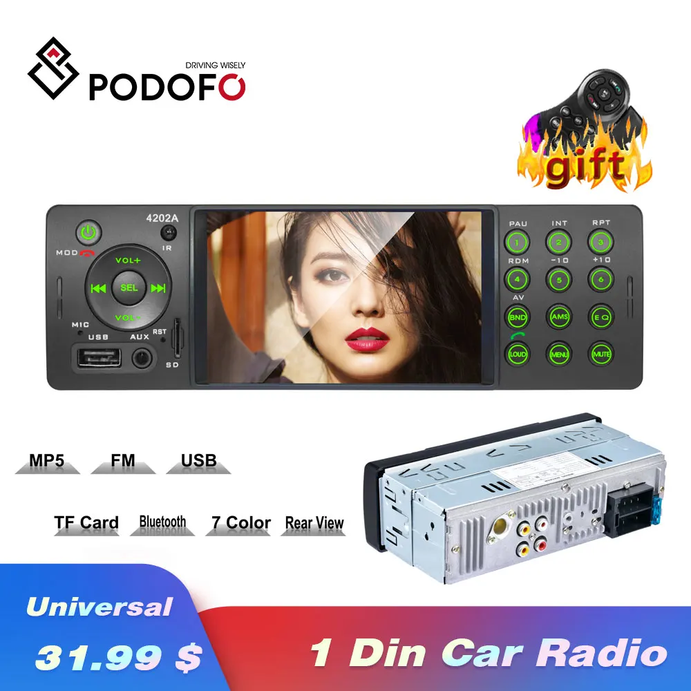 Podofo 1din автомобиль радио автомобильный радиоприемник с Bluetooth аудио видео MP5 USB SD Aux