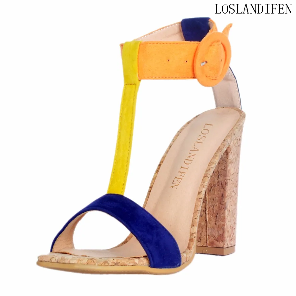 

Ladies Women Handmade Hot Sale Thick High Heel Sandals T-strap Patchwork Summer Evening Dressing Club Fashion Shoes A001