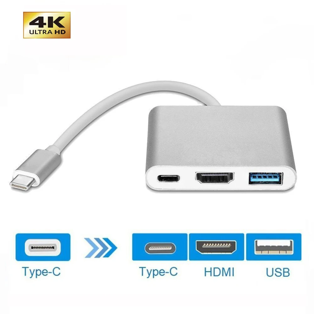 

3 in 1 Type-C to HDMI Multiport Adapter Converter with USB 3.0 Port & USB C Recharging Port for Macbook ChromeBook Pixel HDTV