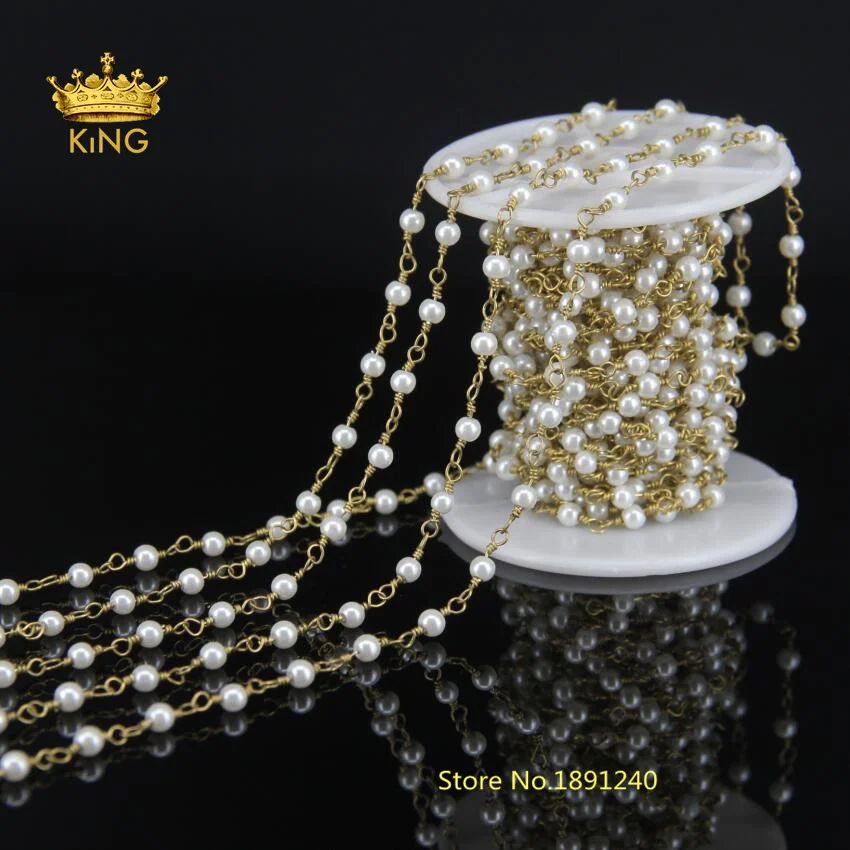 

5 Meter Wholesale Fashion Wire Wrapped Rosary Chain,4mm Smooth Round White Pearl Beaded Chain Necklace Bracelet Jewelry LS-41