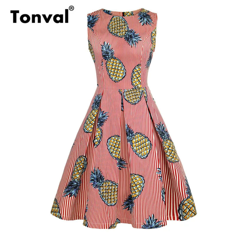 

Tonval High Waist Pleated Vintage Dress Women Pineapple Print Casual Striped Dresses Red Summer Dress