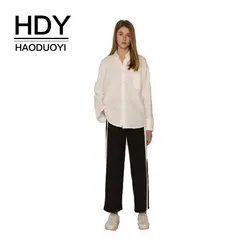 HDY Haoduoyi бренд 2018 женский черный пэчворк в полоску по щиколотку брюки широкие ноги женский с эластичной талией повседневные брюки для леди