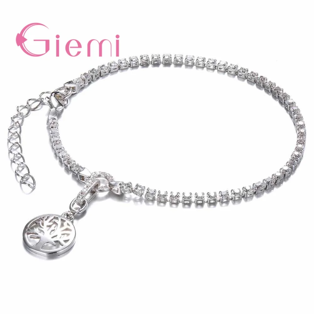

GIEMI Beautful Fashion 925 Sterling Silver Women Bracelets Full of Micro Crystal Simple Round Stamp Tree Shape Cheap Bijoux