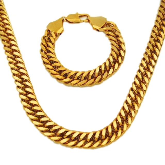 Thick Yellow Gold Filled Double Curb Chain Solid Heavy Mens Necklace Thick Yellow Gold Filled Double Curb Chain Solid Heavy Mens Necklace Bracelet Set