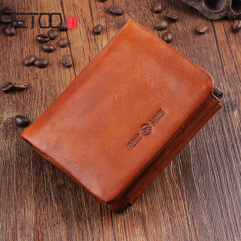 

BJYL Original retro first layer of leather short wallet vertical zip change buckle vertical paragraph leather trend of youth