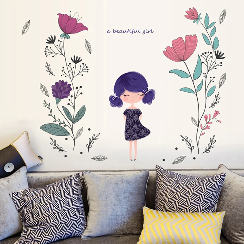 

Fashion Beautiful Girl Wall Sticker Baby Girls Bedroom Decor Decoracion Infantil Flower Door Stickers Kids Birthday Gifts XN184