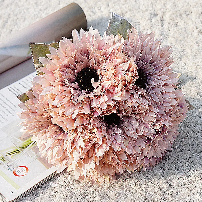 Многослойный цветочный букет Гербера с 6 головками, с напылением на руках, искусственные цветы, хризантема, украшение для дома, свадебный реквизит - Цвет: Autumn pink