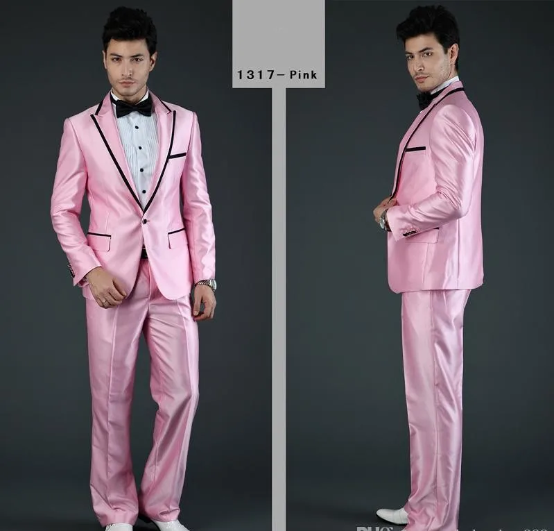 Индивидуальный заказ блестящие Жених одежда смокинги для женихов 3 цвета Best Man костюм пиковый нагрудные для мужчин свадебные - Цвет: Розовый
