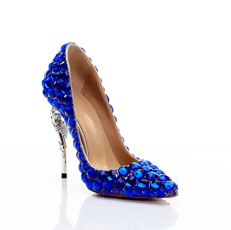 Estilete Moda Mujeres Boca Altos Personalizado Del Zapatos Solo De Sexy Tacones Baja Cristal Las Azul La Novia U8qxpCwUE