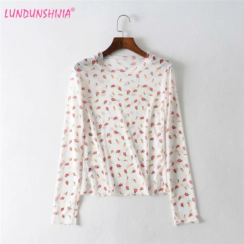 

LUNDUNSHIJIA Flowers Printed Mesh Long Sleeve T-shirts Women Sexy Transparent Tops 2019 Summer Tee Tops Undershirt 3 Colors