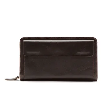 

Business Men Wallet Long Section First Layer Of Leather Handle Bag Large Capacity Zipper Handbag