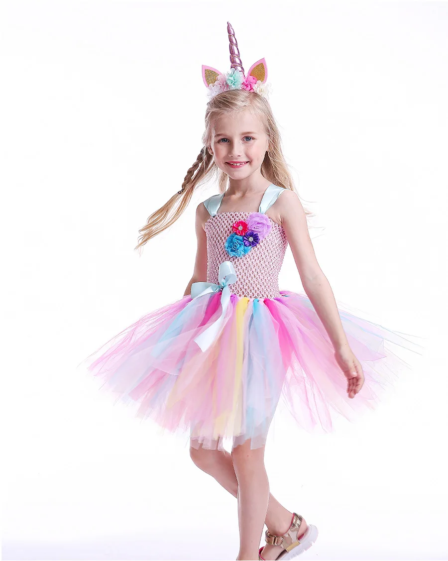 Elegant Rainbow Unicorn Girls Tutu Dresses Kids Flowers Birthday Party Dress with Headband Children Princess Tulle Prom Clothing  (14)