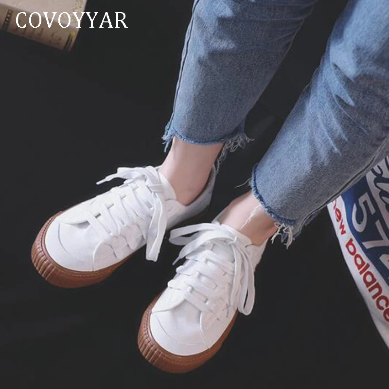 

COVOYYAR 2019 Women White Canvas Shoes Lace Up Platform Casual Shoes Spring Summer Woman Flat Shoes Lady Sneakers WSN258