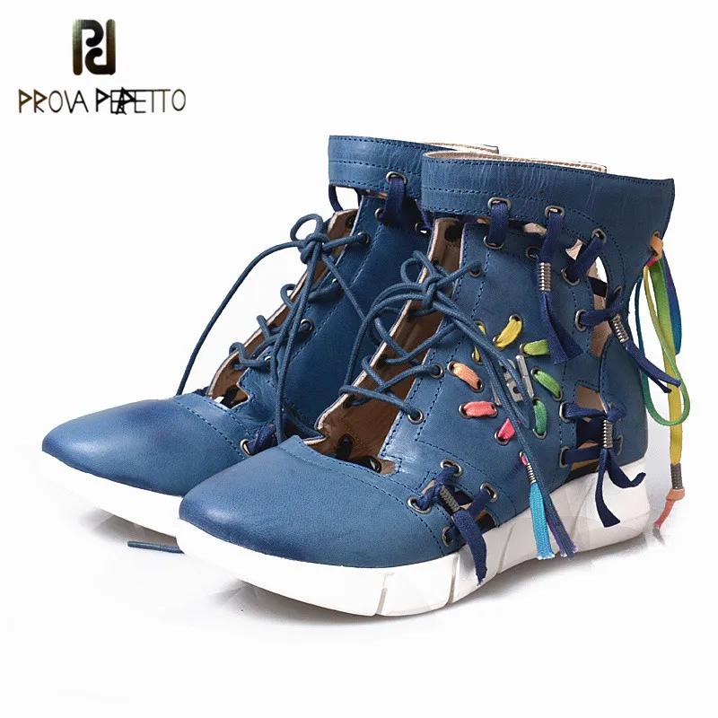 

Prova Perfetto 2018 Top Quality Breathable Hollow-out Lace up Woman Single Shoes Flat Mixed Colors Wedge Cow Leather Blue Shoes