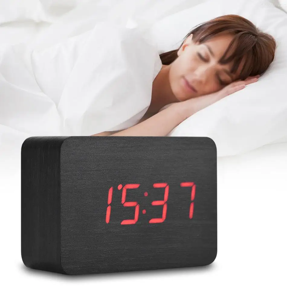 

Digital Alarm Clock Speaker Wooden Temperature LED Display Sounds Control