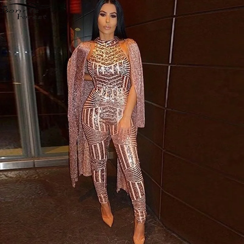 

Bonnie Forest Sexy Skinny Sequin Open Back Jumpsuit Women Gold Sleeveless Bodycon Celebrity party Jumpsuit Rompers
