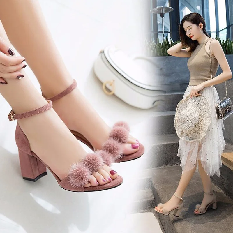 

Girl Suede Wedge Shoes Plush Ball 7cm Heel Female Sandal Fashion New Sexy Sandals Women High Heels Block Heel Shoe Young Girls