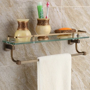 

Antique Copper Brushed Cosmetic Storage Rack Bathroom Shelf Towel Bar European Bronze Bathroom Glass Shelf Bathroom Accessories